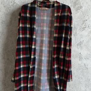 Chic Plaid Women's Lite Cardigan in Red and Cream  Tan Elbow Patches